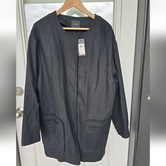 $157 Guess Wool Blend Long Jacket Women Medium Snap Buttons Black Pocket New - Picture 2 of 14